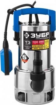 ЗУБР НПГ-Т3-1100-С, дренажный насос для грязной воды, корпус - нерж. сталь, 1100 Вт, 280 л/мин, напор 10.5 м